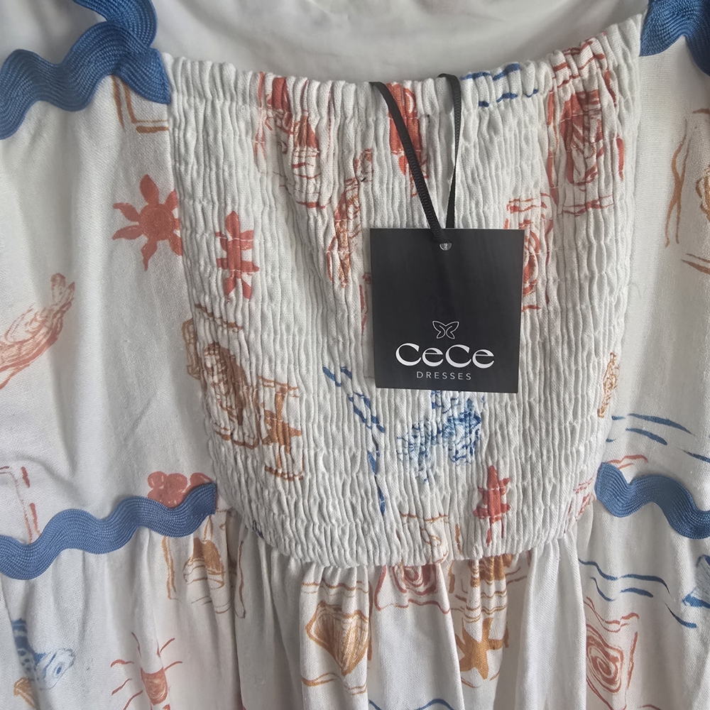 CeCe Cream Maxi Dress with Blue Trim and Coral-Orange Print - Picture 2 of 2
